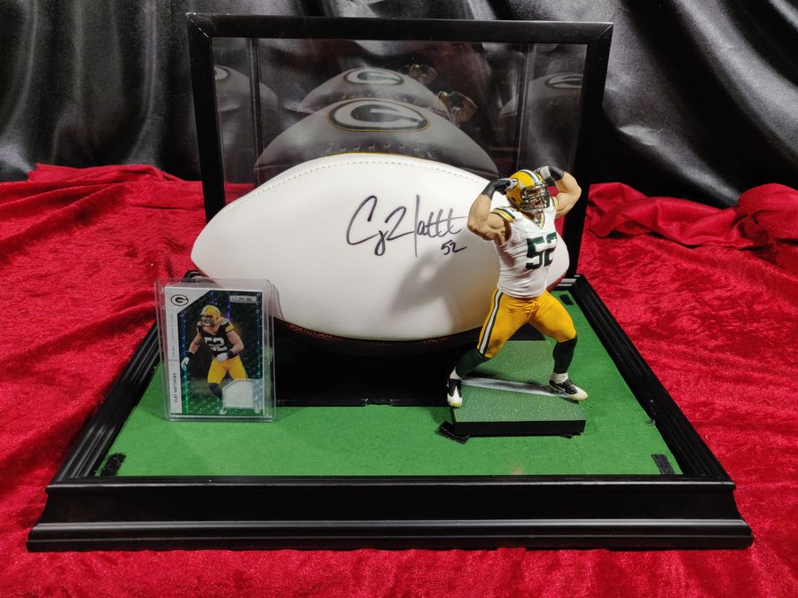Clay Matthews Packers Signed Football Shadowbox w/ Jersey Card & Figure