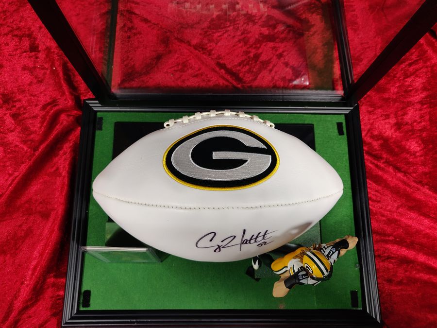 Clay Matthews Packers Signed Football Shadowbox w/ Jersey Card & Figure