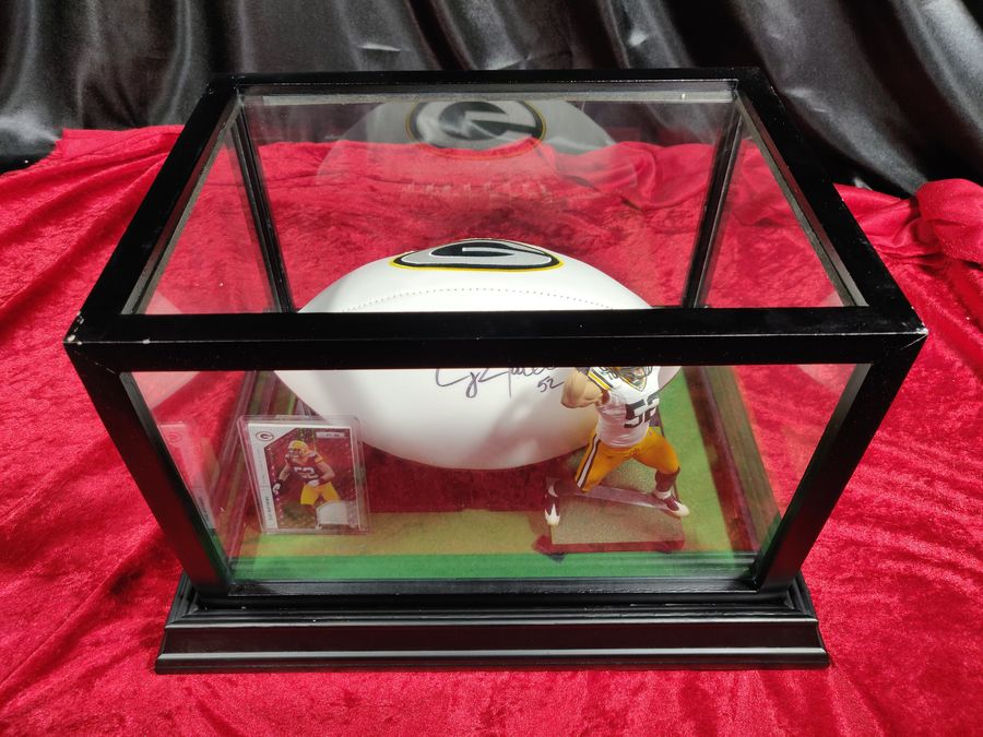 Clay Matthews Packers Signed Football Shadowbox w/ Jersey Card & Figure