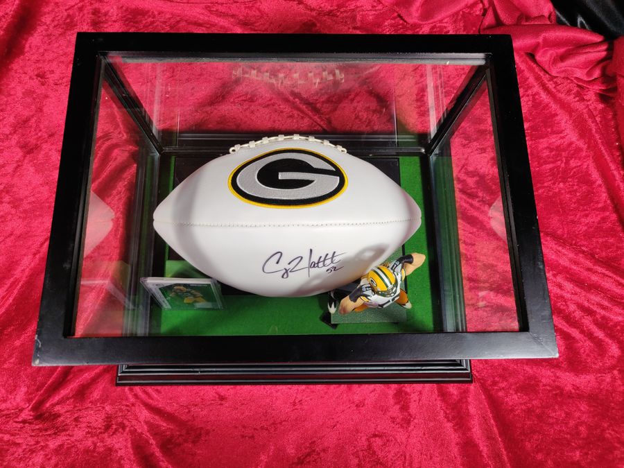 Clay Matthews Packers Signed Football Shadowbox w/ Jersey Card & Figure
