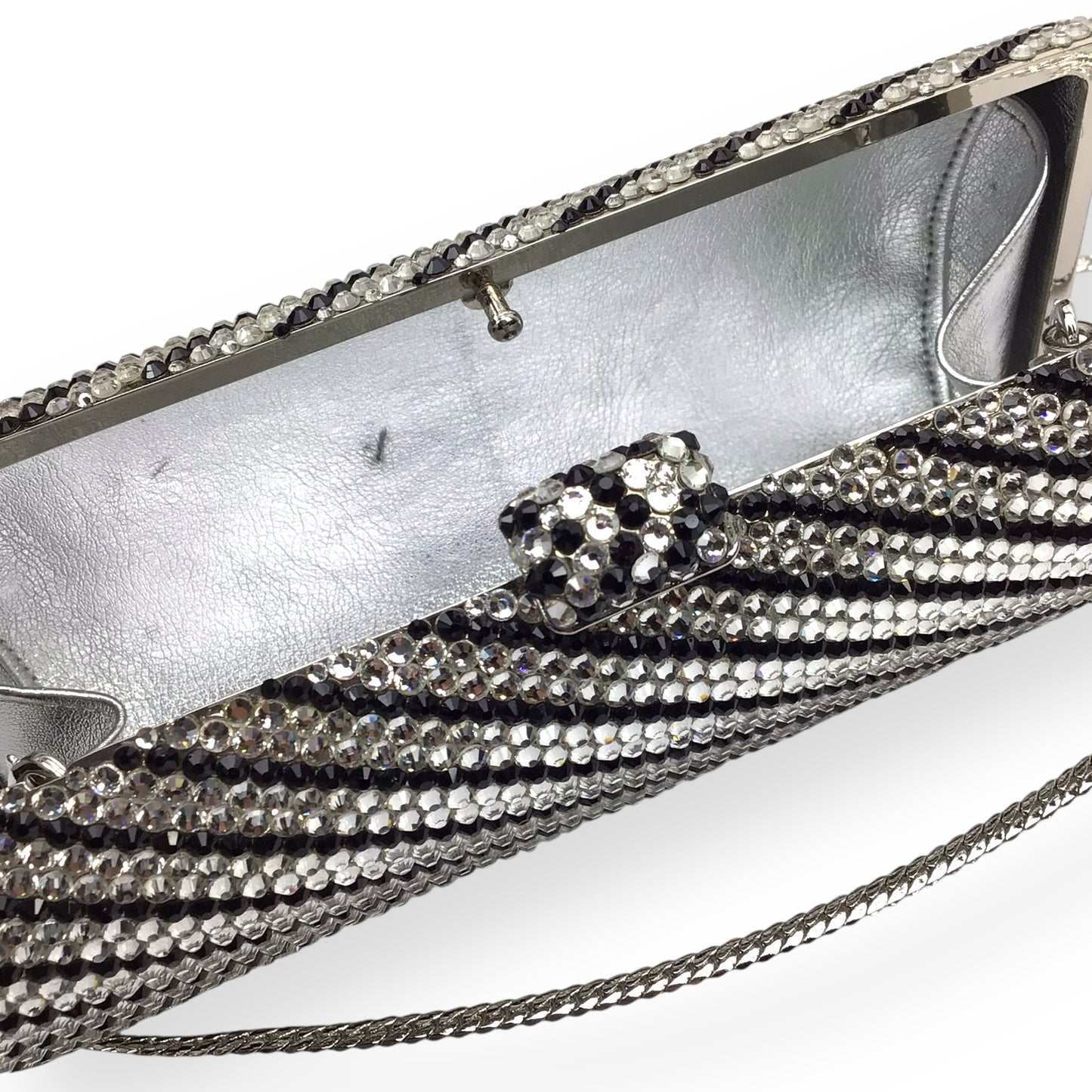 Crystal Covered Clutch in White Black Silver w/ Box & Strap