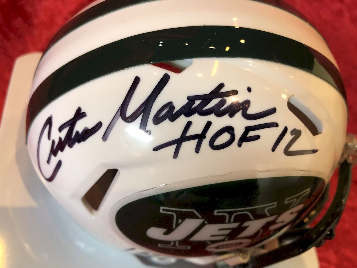 Curtis Martin Signed Jets Mini Helmet Shadowbox – HOF Inscription, Card, & COA