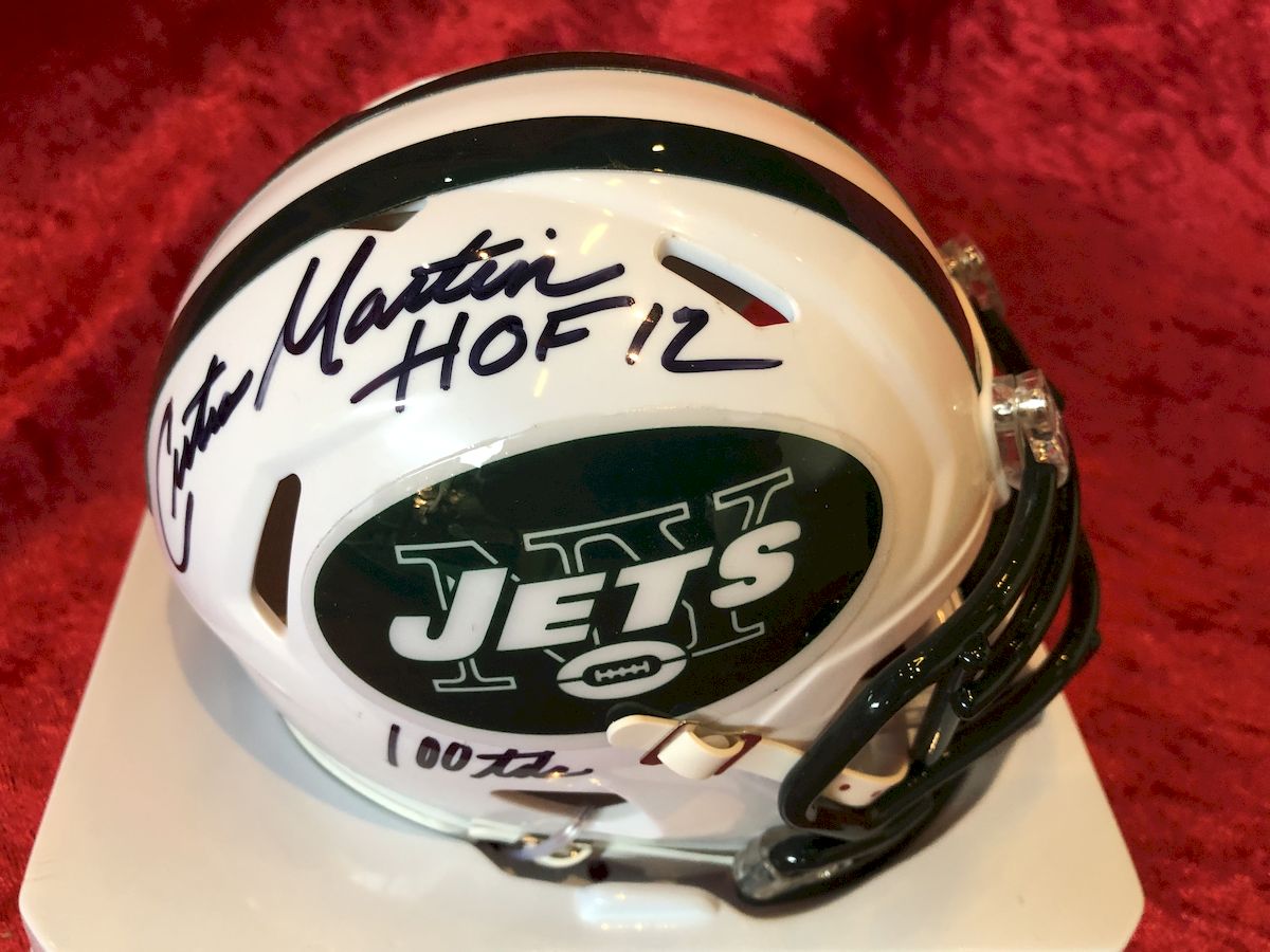 Curtis Martin Signed Jets Mini Helmet Shadowbox – HOF Inscription, Card, & COA