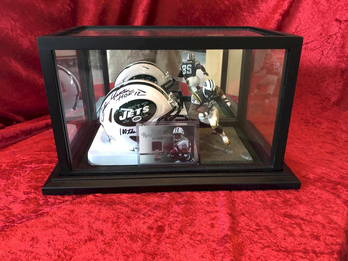 Curtis Martin Signed Jets Mini Helmet Shadowbox – HOF Inscription, Card, & COA