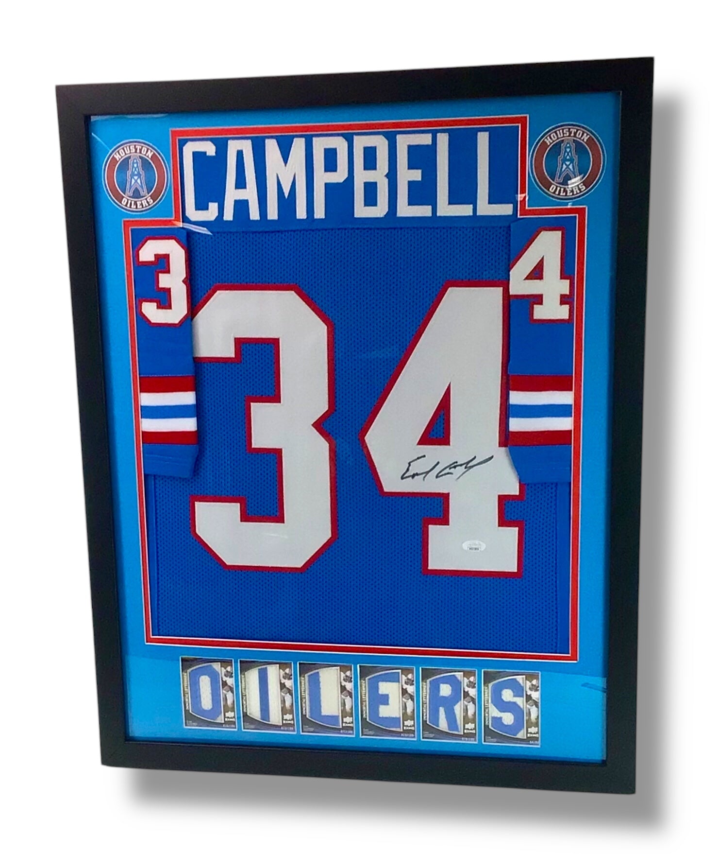 Custom Framed Rare Sports Cards & Earl Campbell Signed Oilers Jersey w/ JSA Cert