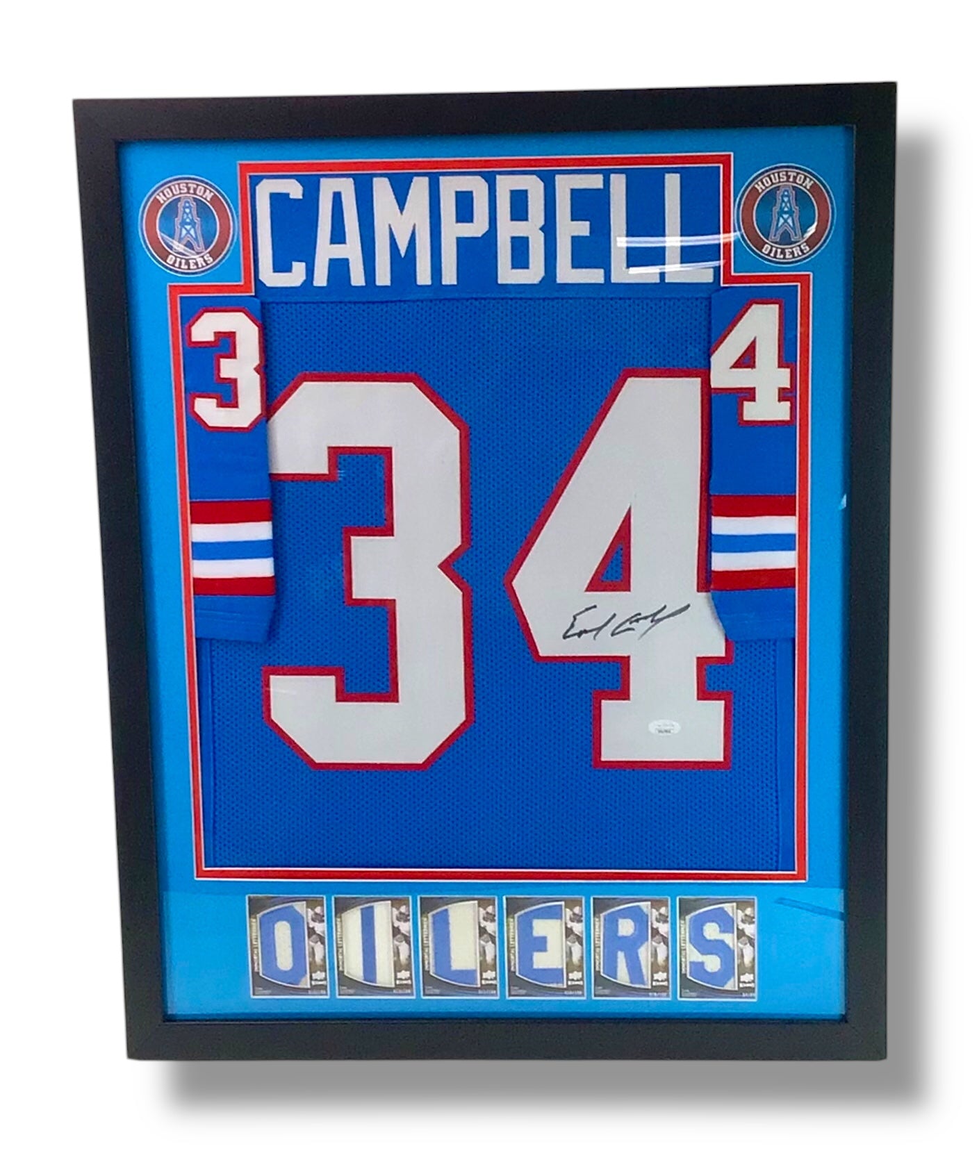 Custom Framed Rare Sports Cards & Earl Campbell Signed Oilers Jersey w/ JSA Cert