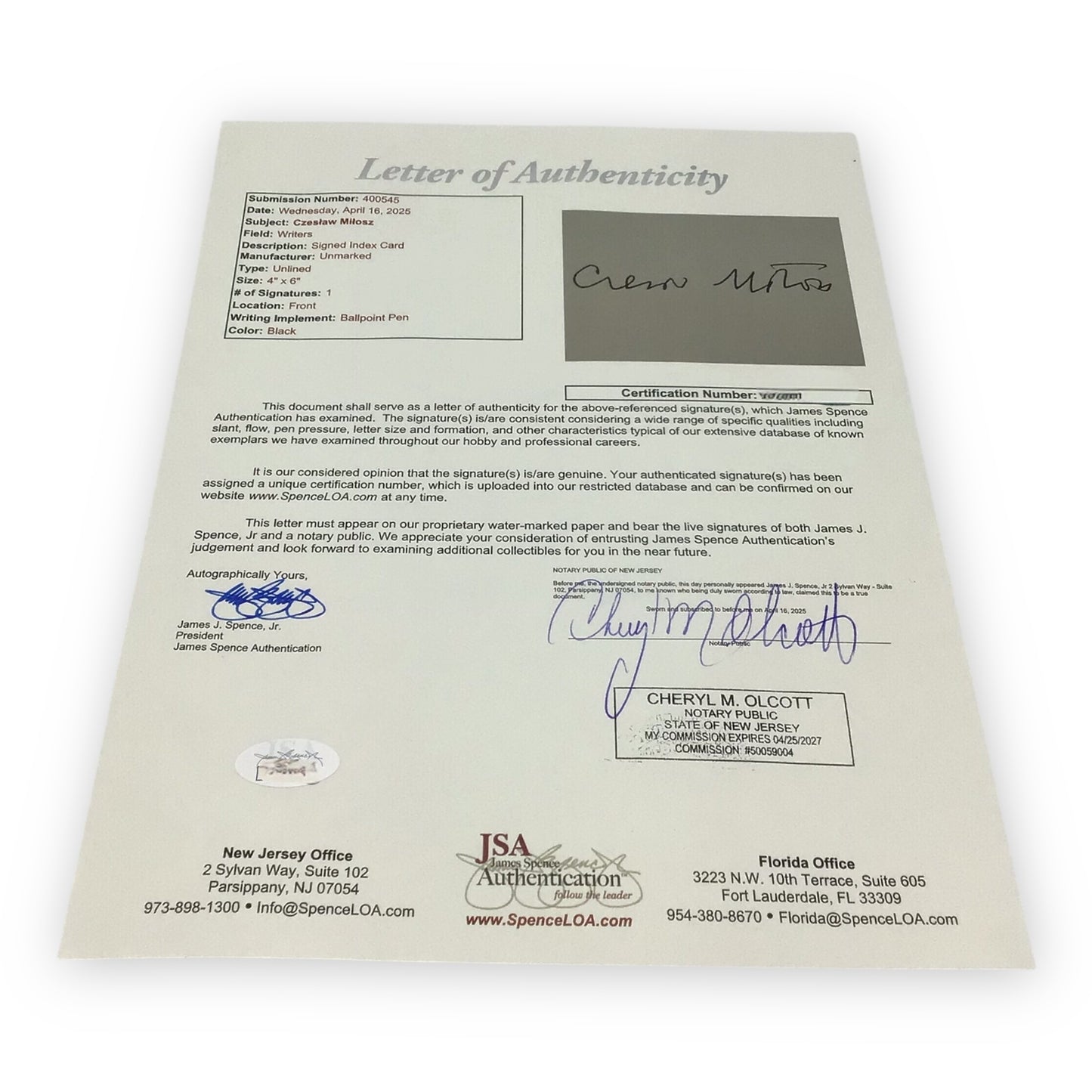 Czesław Miłosz Signed 4x6 Index Card JSA Certified Nobel Prize Winner