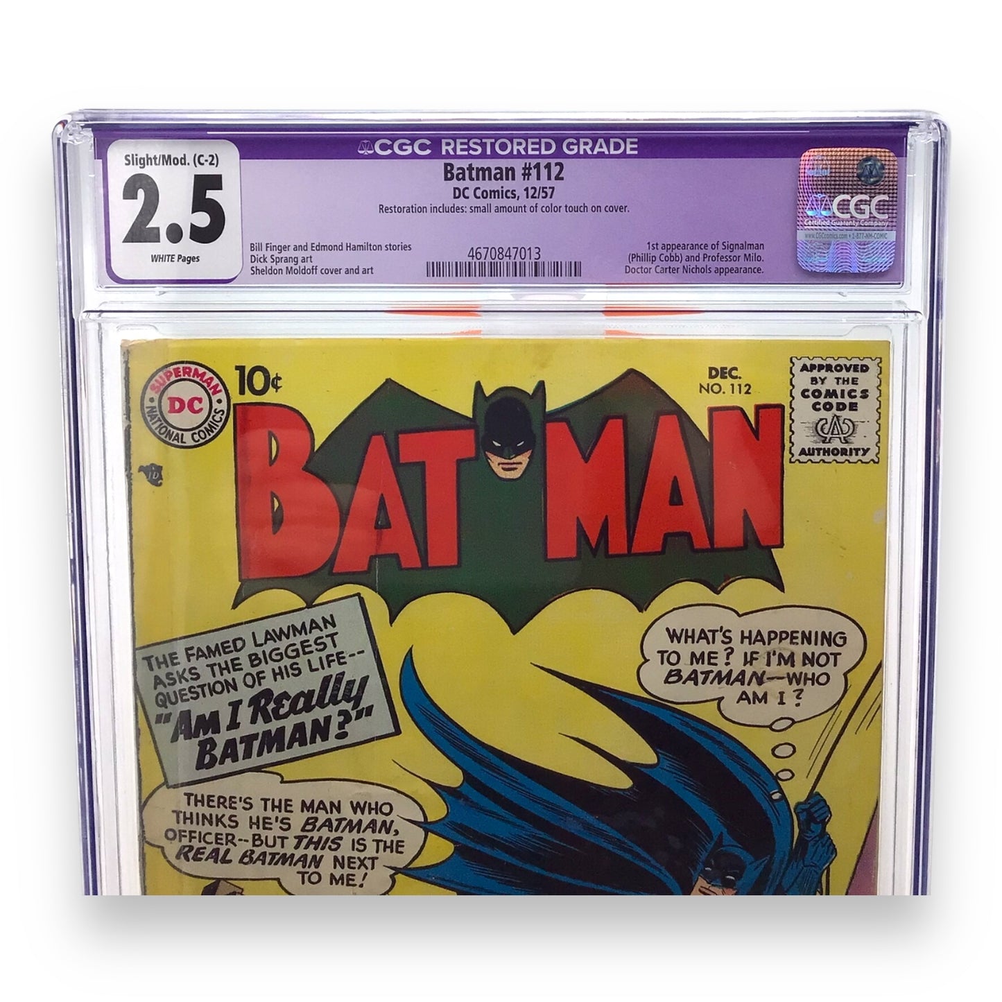 DC Comics Batman #112, First Appearance of Signalman & Professor Milo - CGC Graded