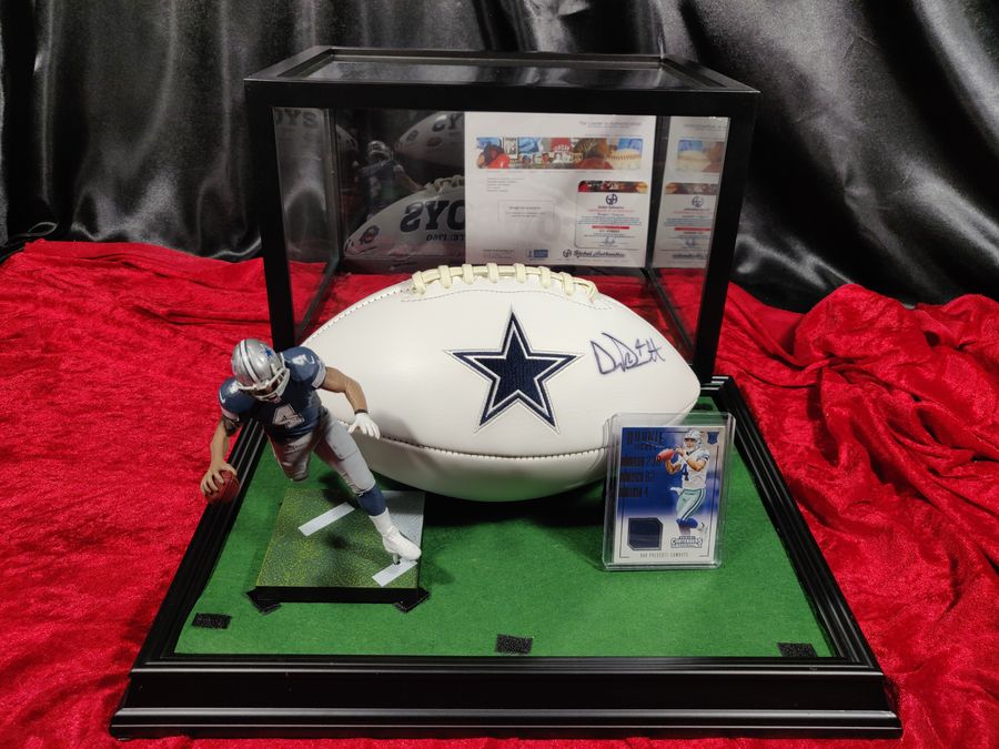 Dak Prescott Cowboys Autographed Football Shadowbox with Jersey Card & Figure
