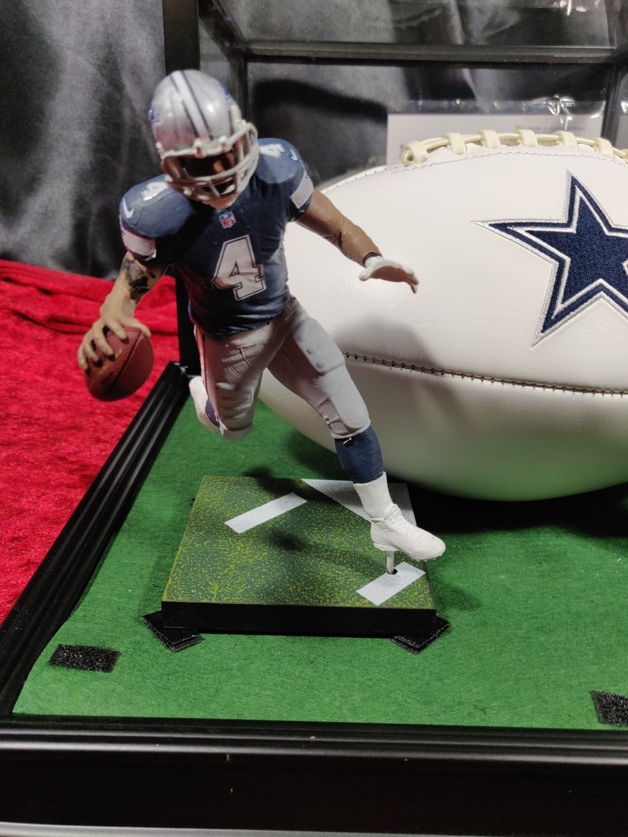 Dak Prescott Cowboys Autographed Football Shadowbox with Jersey Card & Figure