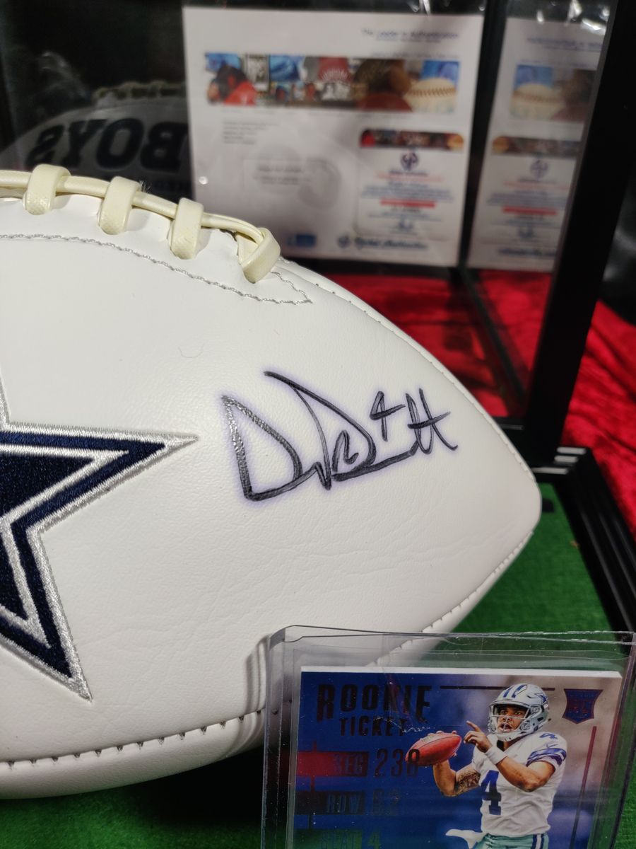 Dak Prescott Cowboys Autographed Football Shadowbox with Jersey Card & Figure