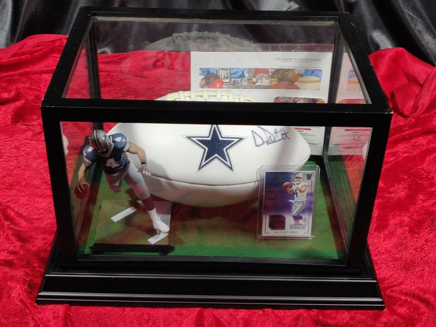 Dak Prescott Cowboys Autographed Football Shadowbox with Jersey Card & Figure