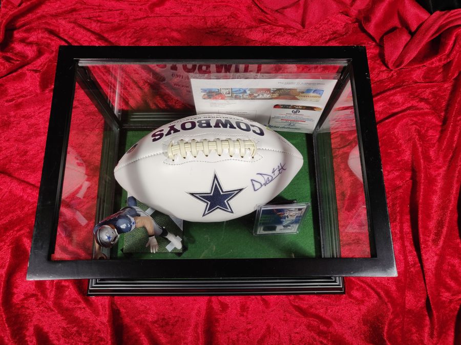 Dak Prescott Cowboys Autographed Football Shadowbox with Jersey Card & Figure