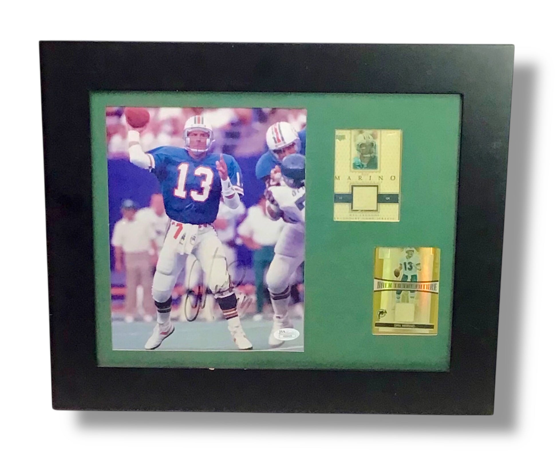 Dan Marino Signed Auto w/ Black Frame & 2 Game Used Jersey Sports Cards & JSA Cert