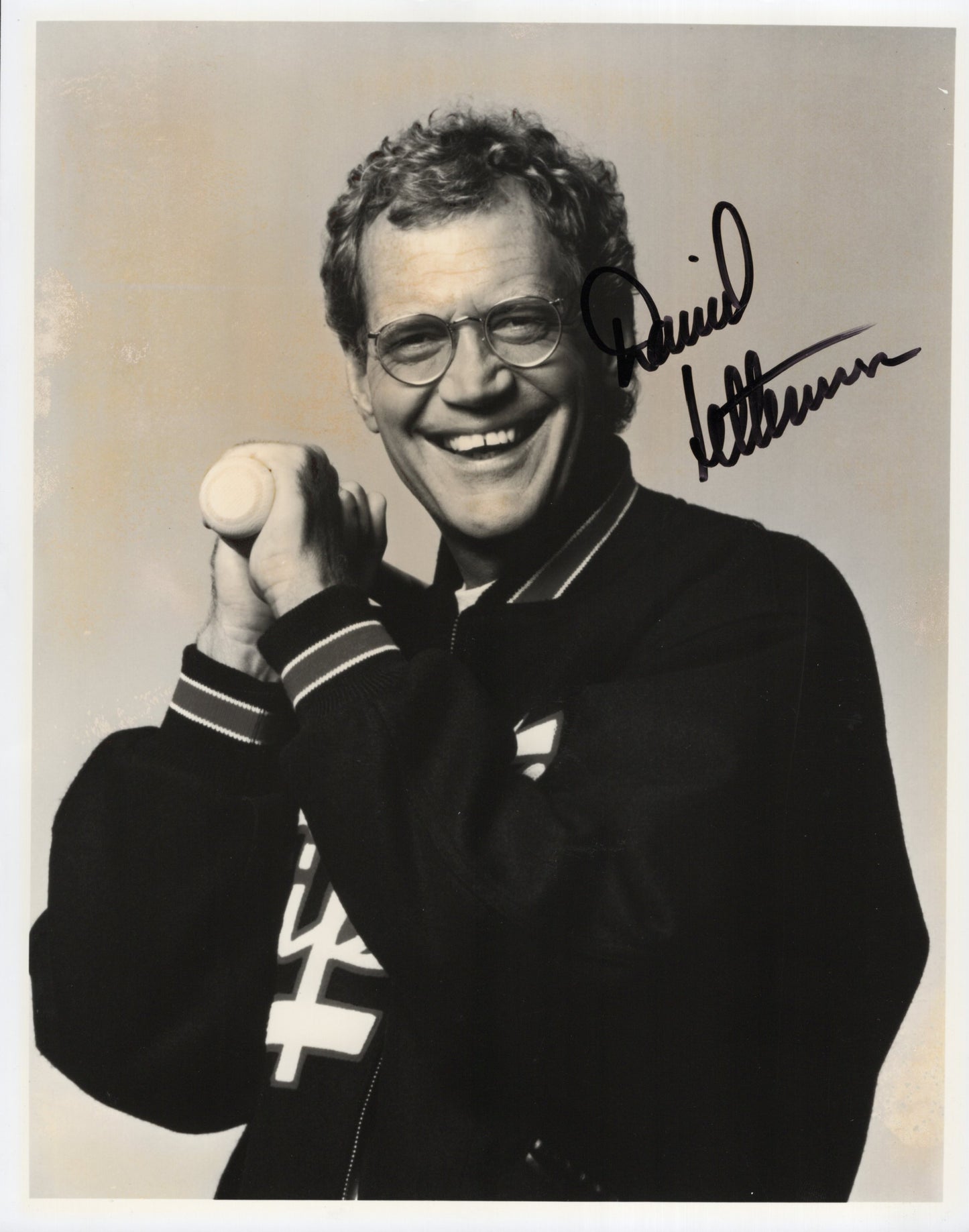 David Letterman Signed Photo 8x10 B&W, David Letterman Autograph with Baseball Bat