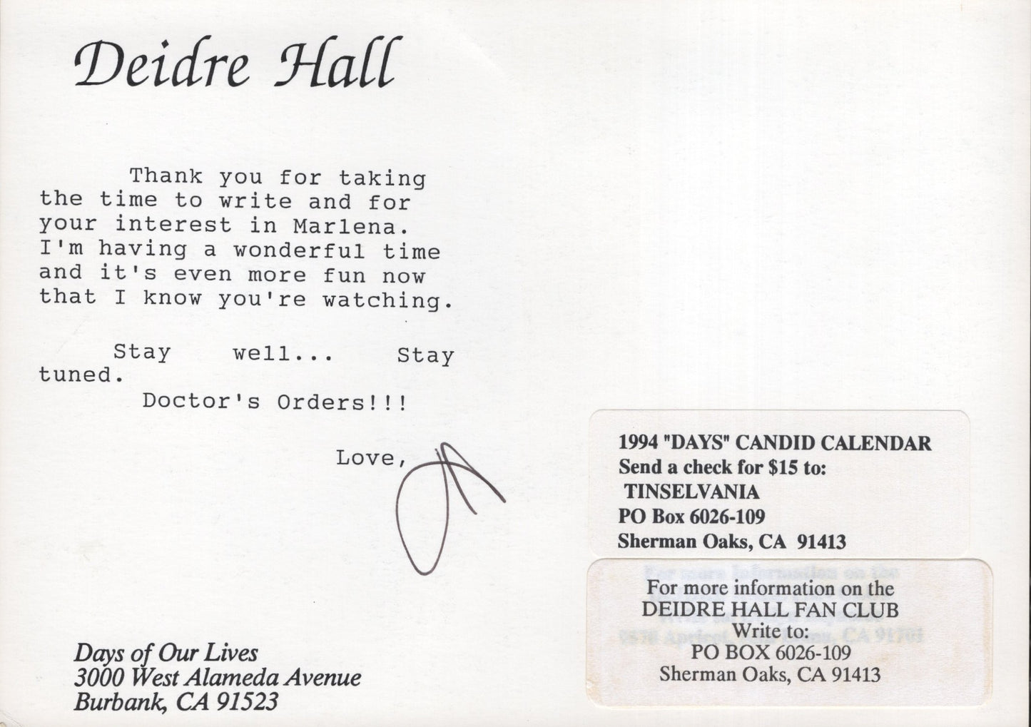 Deidre Hall Signed Postcard 5x7 B&W, Deidre Hall Autograph from Days of Our Lives Postcard Photo