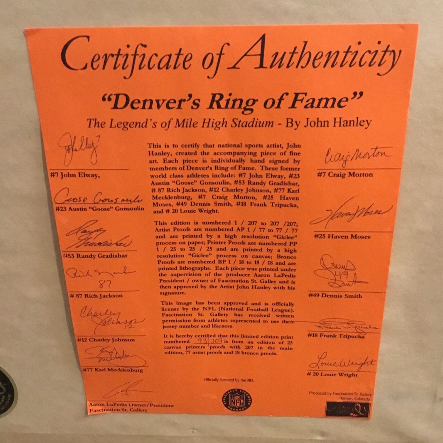 “Denver’s Ring of Fame” Autographed Limited Edition Print – Signed by John Elway & Broncos Legends (#92/207)