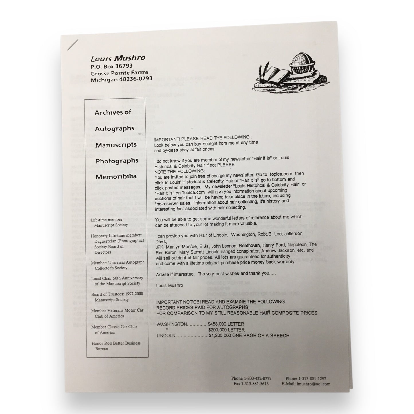 Jenny Lind, the Swedish Nightengale, Hair Clipping with COA