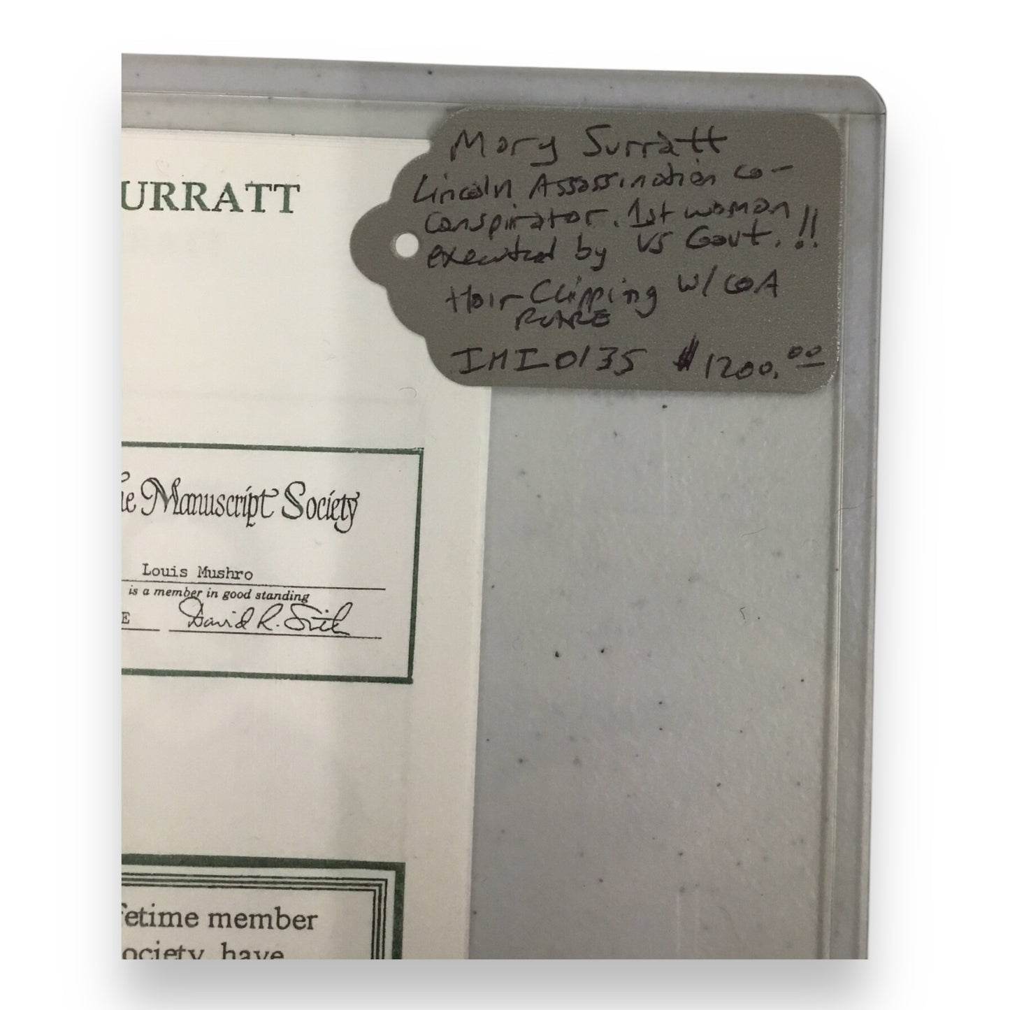 Mary Surratt Hair Clipping with COA