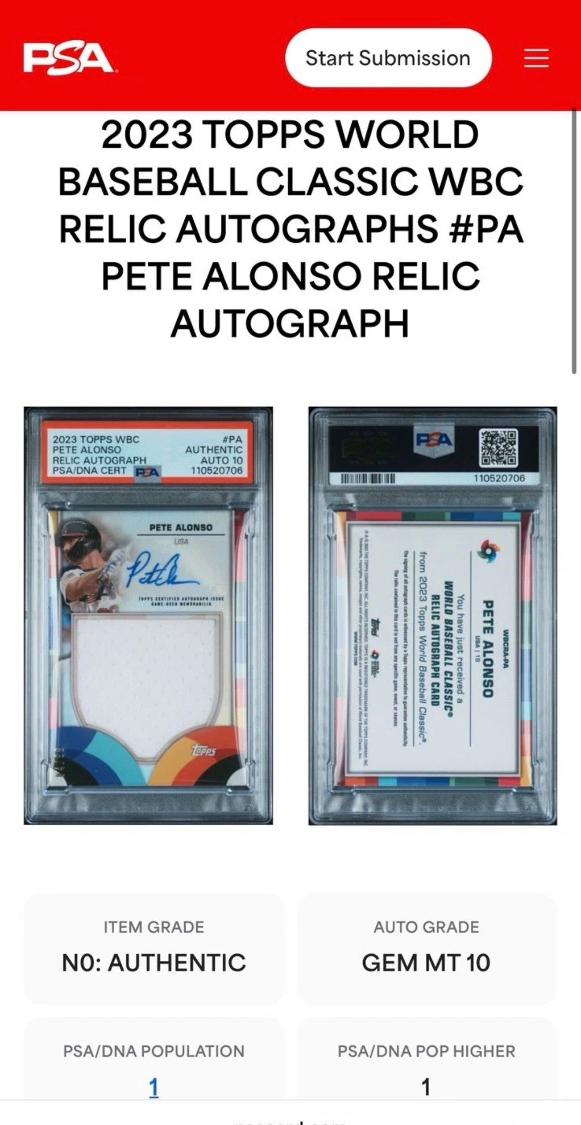 2023 Topps WBC Relic Pete Alonso /99 PSA Auth Auto 10 Pop 1! - 110520706