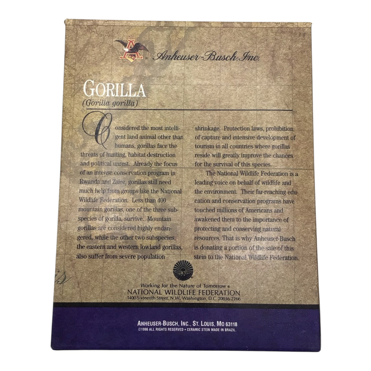 Budweiser Gorilla Stein - Endangered Species Series