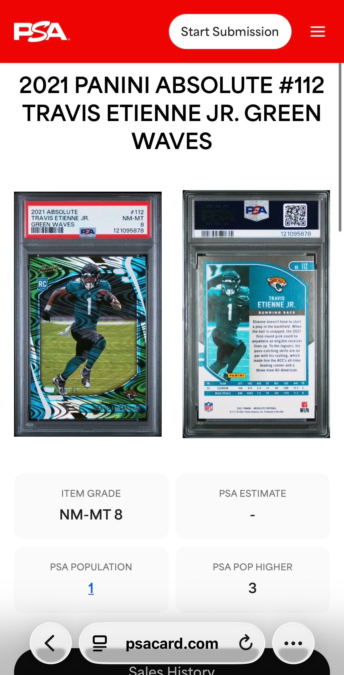 2021 Absolute Green Waves /50 Travis Etienne RC Jr PSA 8 Pop 1! - 121095878