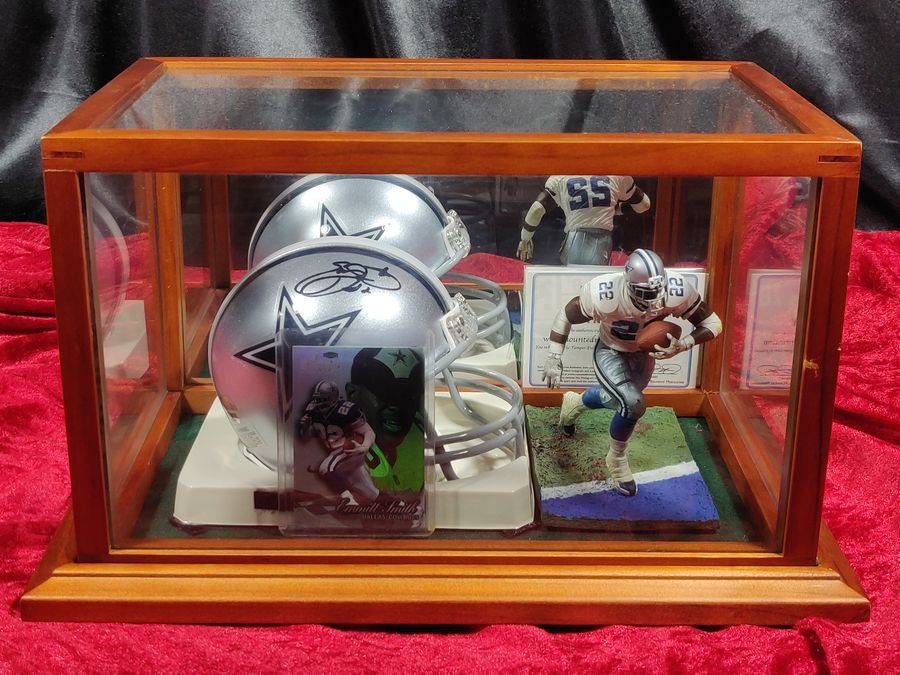 emmitt smith mini helmet Emmitt Smith Cowboys Autographed Mini Helmet Shadowbox w/ Jersey Card and Figure – Collectors Crossroads