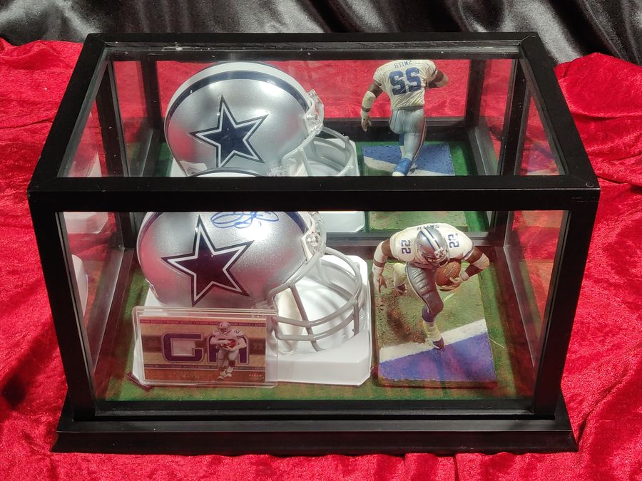 Emmitt Smith Cowboys Autographed Mini Helmet Shadowbox w/ Jersey Card + Figure