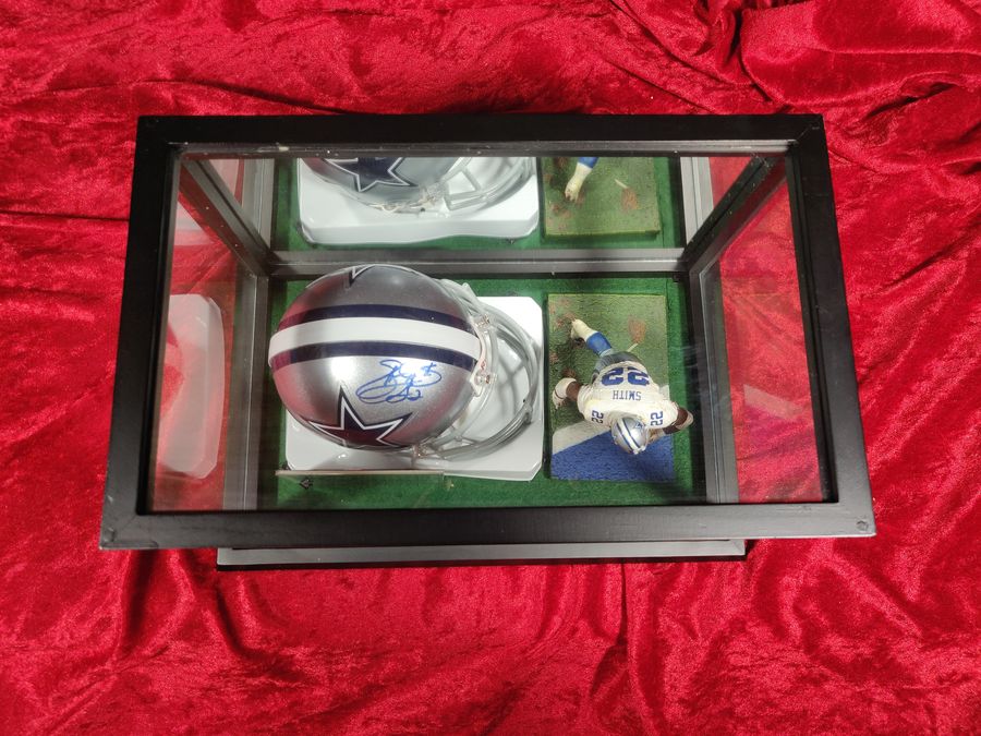 Emmitt Smith Cowboys Autographed Mini Helmet Shadowbox w/ Jersey Card + Figure