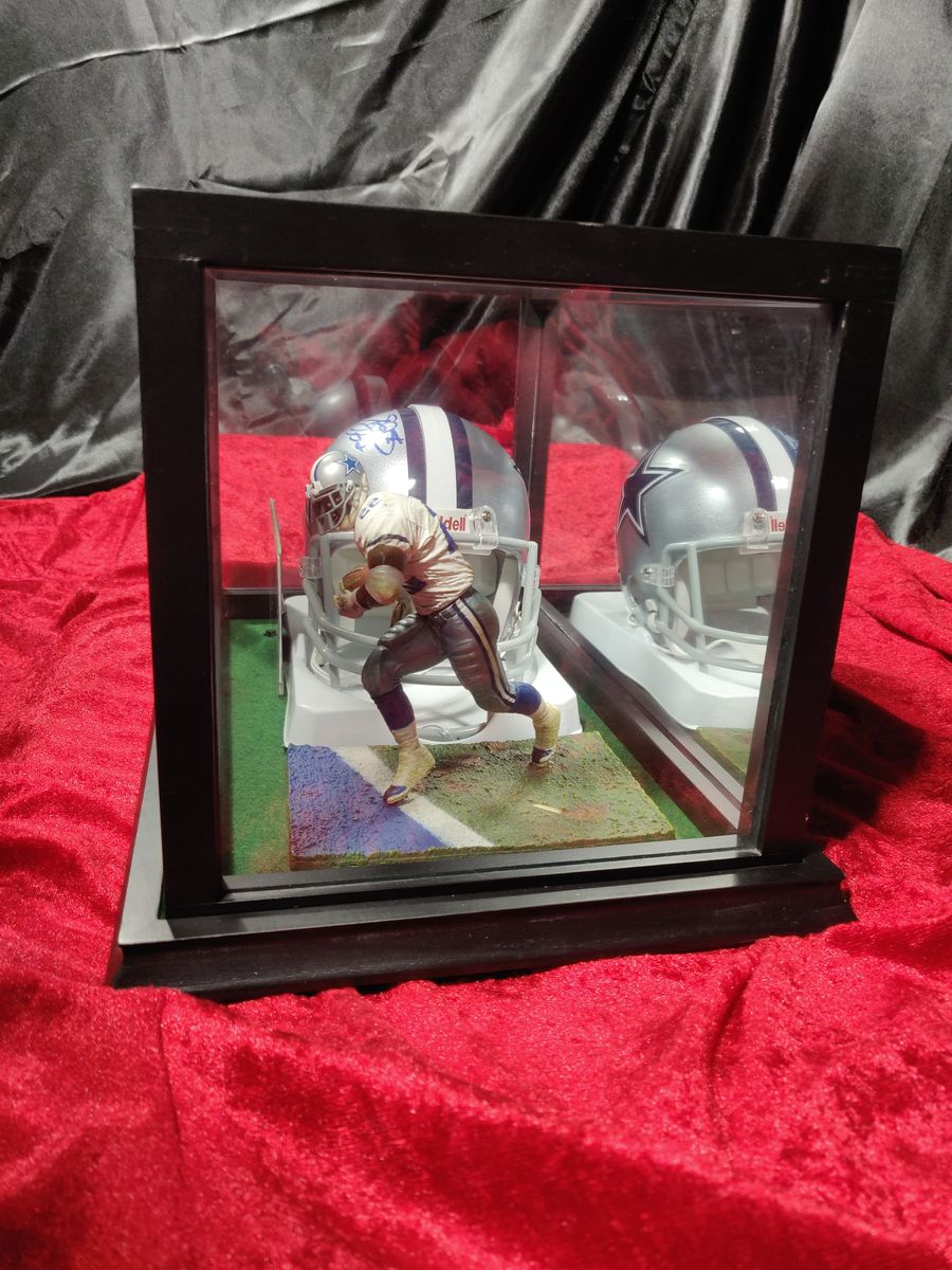 Emmitt Smith Cowboys Autographed Mini Helmet Shadowbox w/ Jersey Card + Figure