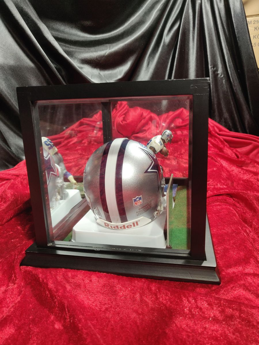Emmitt Smith Cowboys Autographed Mini Helmet Shadowbox w/ Jersey Card + Figure
