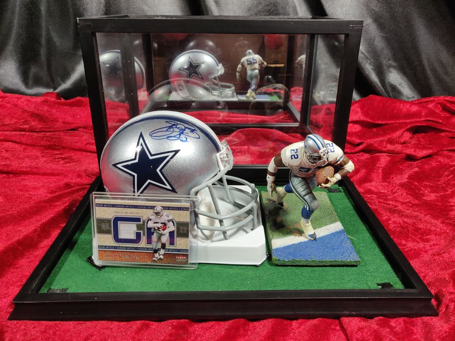 Emmitt Smith Cowboys Autographed Mini Helmet Shadowbox w/ Jersey Card + Figure