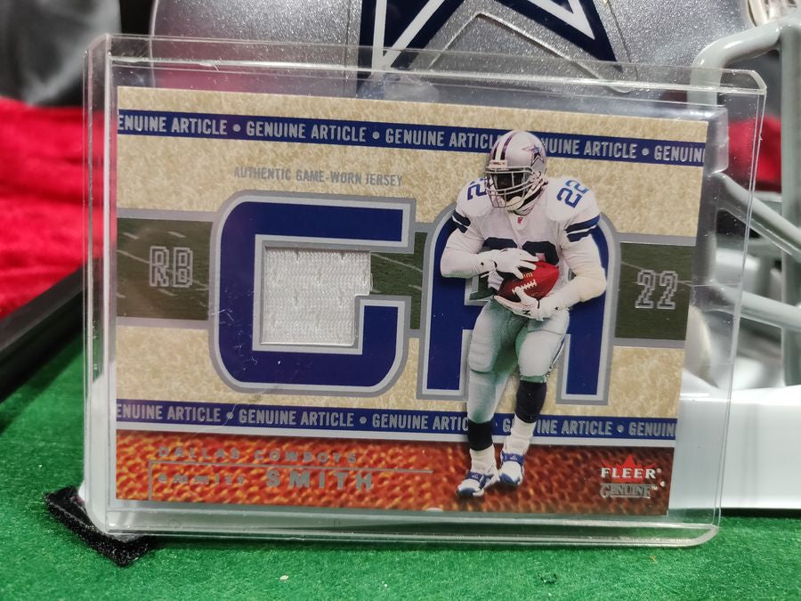 Emmitt Smith Cowboys Autographed Mini Helmet Shadowbox w/ Jersey Card + Figure