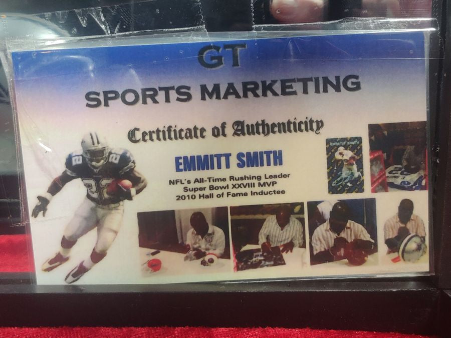 Emmitt Smith Cowboys Autographed Mini Helmet Shadowbox w/ Jersey Card and Figure