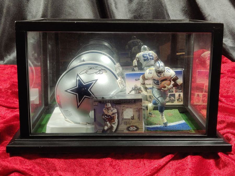 Emmitt Smith Cowboys Autographed Mini Helmet Shadowbox w/ Jersey Card and Figure