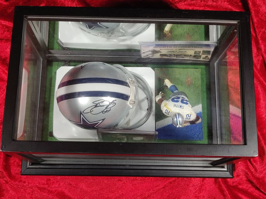 Emmitt Smith Cowboys Autographed Mini Helmet Shadowbox w/ Jersey Card and Figure