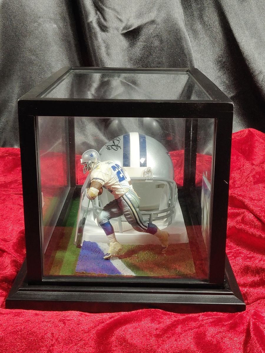 Emmitt Smith Cowboys Autographed Mini Helmet Shadowbox w/ Jersey Card and Figure