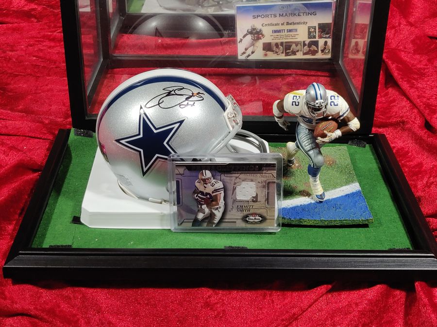 Emmitt Smith Cowboys Autographed Mini Helmet Shadowbox w/ Jersey Card and Figure