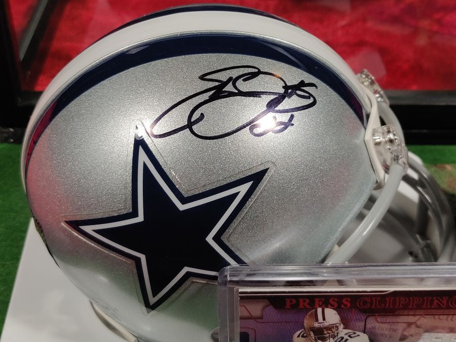 Emmitt Smith Cowboys Autographed Mini Helmet Shadowbox w/ Jersey Card and Figure
