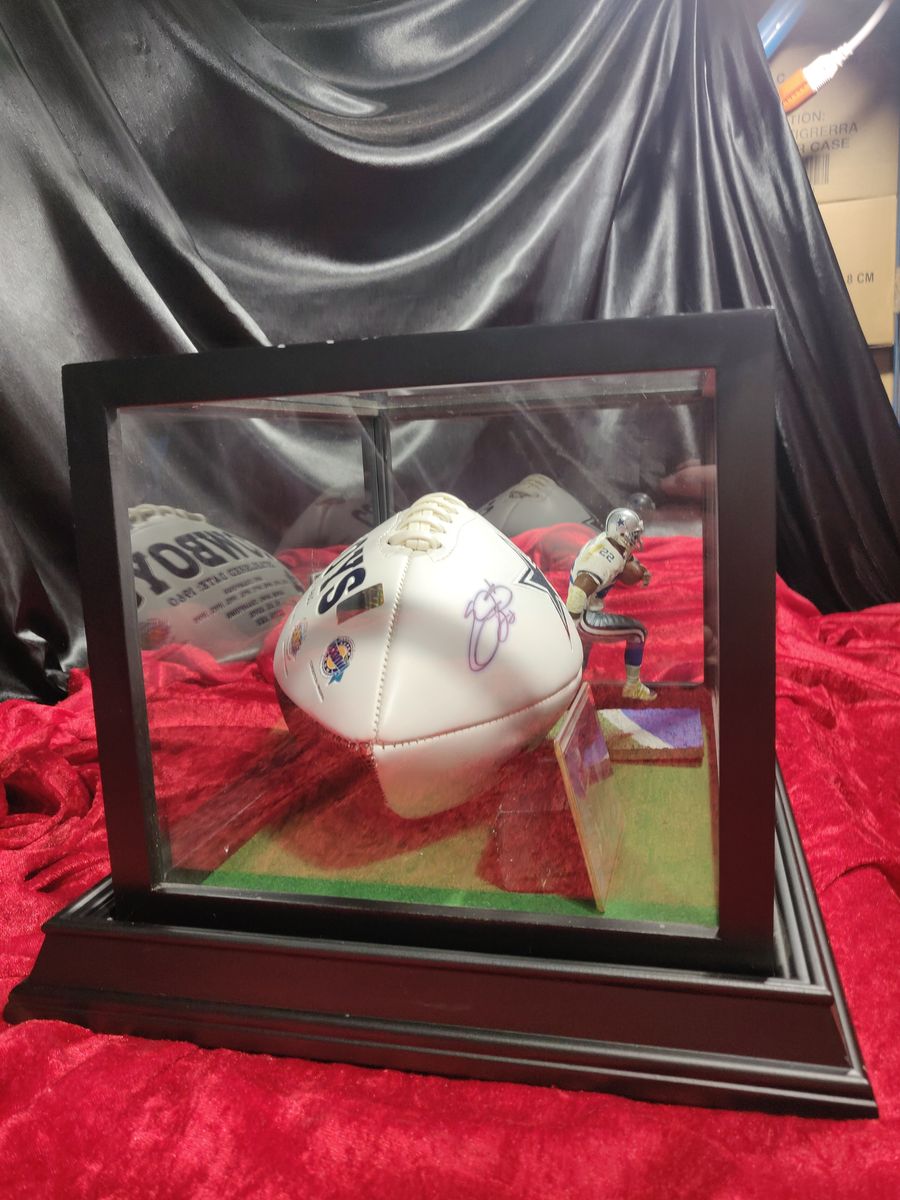 Emmitt Smith Dallas Cowboys Autographed Football Shadowbox with Card and Figure