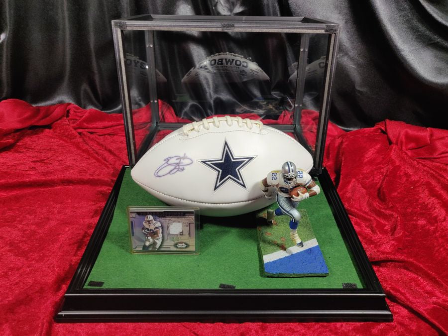 Emmitt Smith Dallas Cowboys Autographed Football Shadowbox with Card and Figure