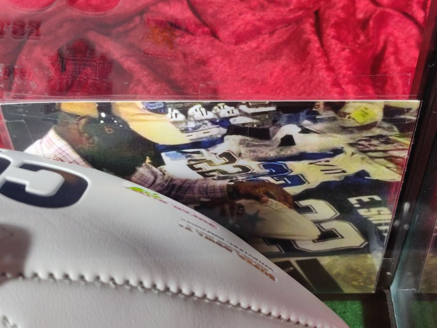 Emmitt Smith Dallas Cowboys Autographed Football Shadowbox with Card and Figure