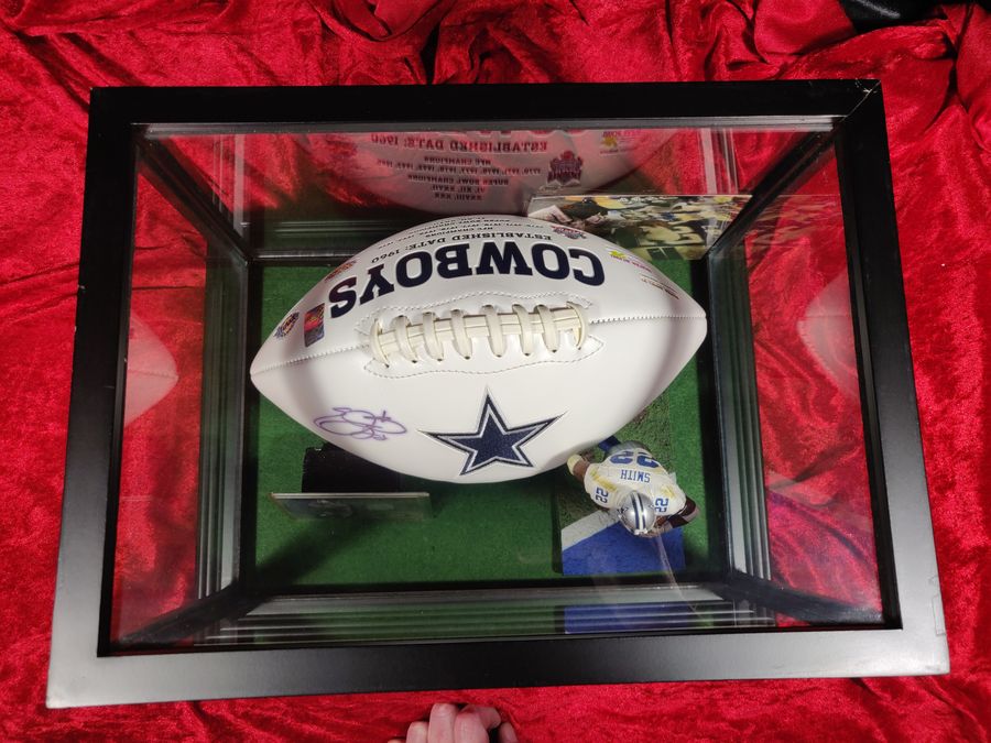 Emmitt Smith Dallas Cowboys Autographed Football Shadowbox with Card and Figure