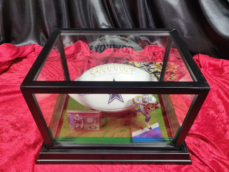 Emmitt Smith Dallas Cowboys Autographed Football Shadowbox with Card and Figure
