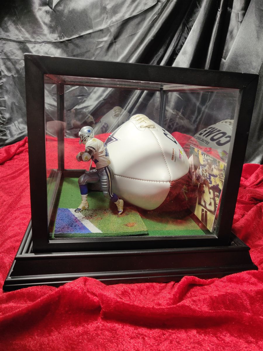 Emmitt Smith Dallas Cowboys Autographed Football Shadowbox with Card and Figure