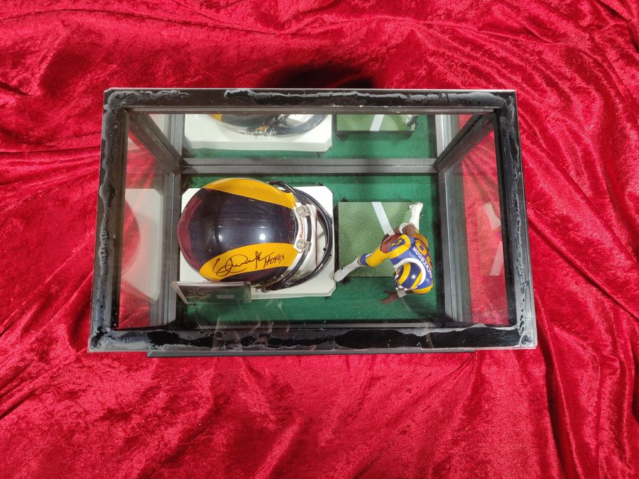 Eric Dickerson Autographed Mini Helmet Shadowbox Rams w/ Jersey Card + Figure