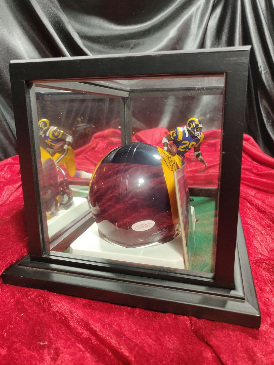 Eric Dickerson Autographed Mini Helmet Shadowbox Rams w/ Jersey Card + Figure