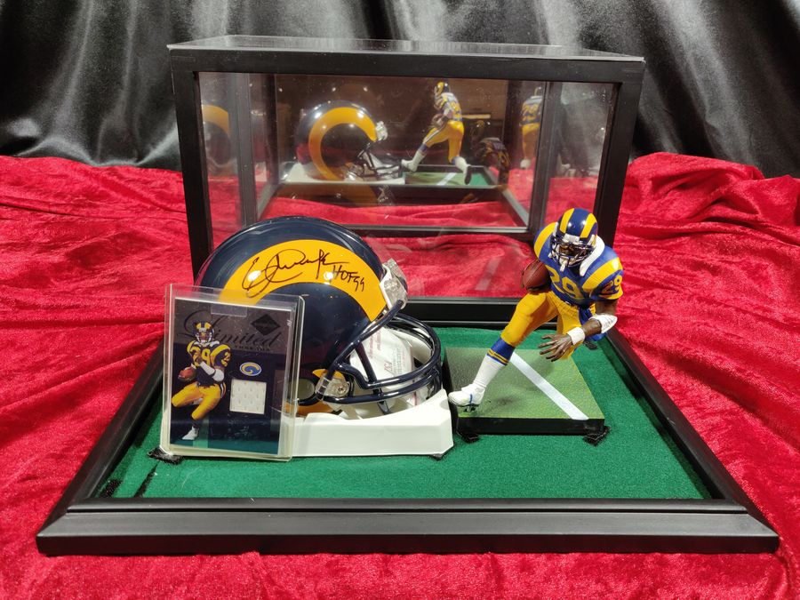 Eric Dickerson Autographed Mini Helmet Shadowbox Rams w/ Jersey Card + Figure