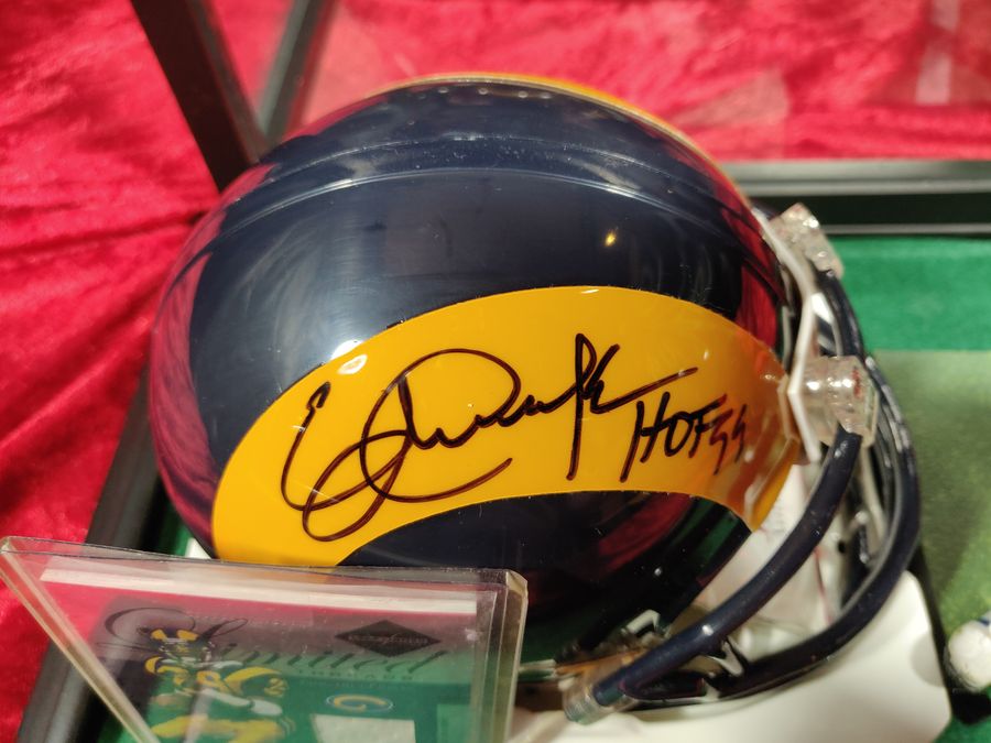 Eric Dickerson Autographed Mini Helmet Shadowbox Rams w/ Jersey Card + Figure