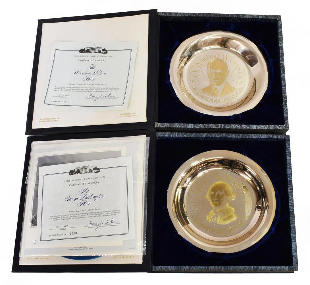 Exceptional Collection of Franklin Mint Sterling Silver Presidential Commemorative Plates - 24kt Gold Inlay - Complete with COAs & Original Boxes